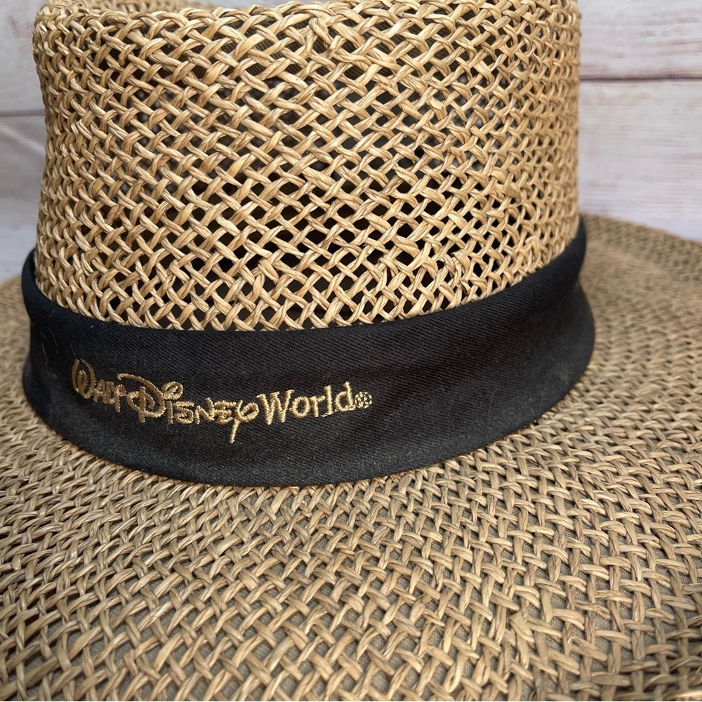 Walt Disney World Flat Brim Hat Natural Straw Black Ribbon Adult Size Parks Sun - Picture 3 of 8